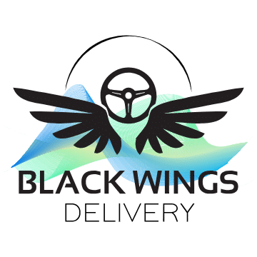 Black Wings Delivery logo. Image is a set of Black wings with a steering wheel in the centre, a halo above, and northern lights flare underneath the wings and wheel, with "Black Wings Delivery" text underneath.